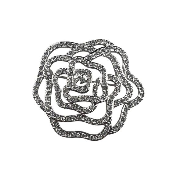 Swarovski Silver Tone Clear Crystal Brooch Rose Flower - Picture 1 of 5